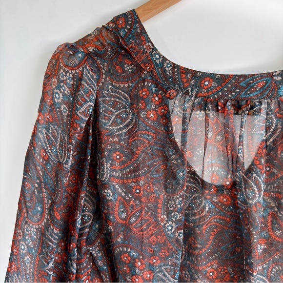 Pleione 100% Silk Paisley Smocked Waist Blouse Large Nordstrom Boho Peplum Top - Picture 12 of 13